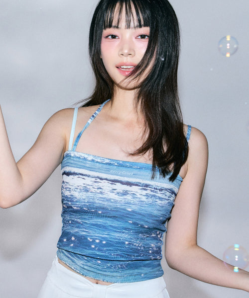Graphic Ribbon Sleeveless Top [BLUE]