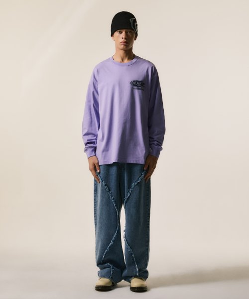 CURVED RAW EDGE DENIM WIDE JEAN blue