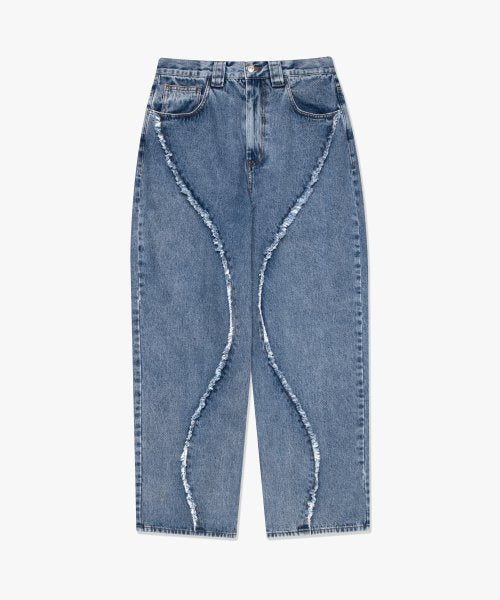 CURVED RAW EDGE DENIM WIDE JEAN blue