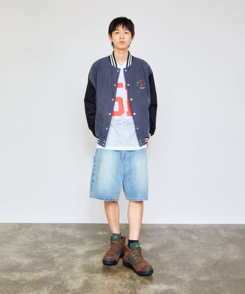 BRUSH WASHED DENIM CARPENTER SHORTS light blue