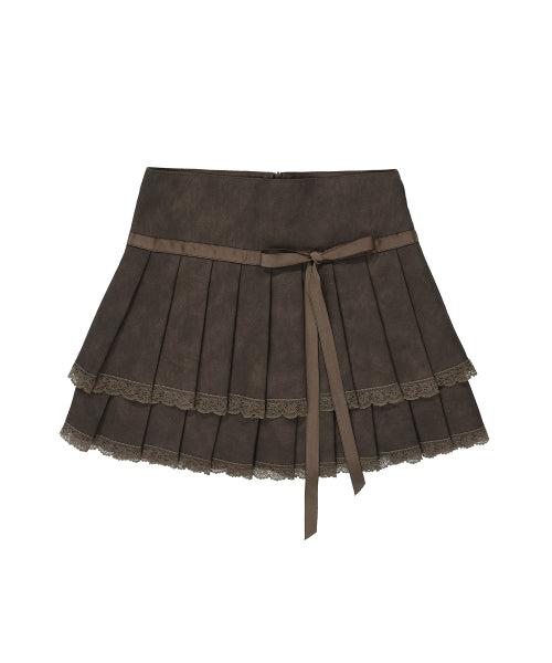 Clare Vegan Leather Pleated Skirt [BROWN]