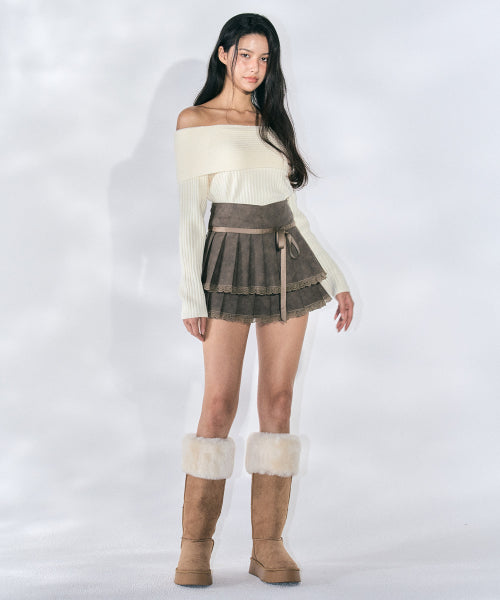 Clare Vegan Leather Pleated Skirt [BROWN]
