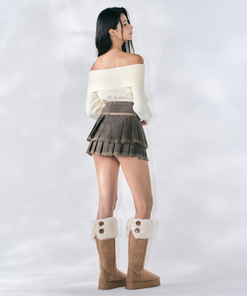Clare Vegan Leather Pleated Skirt [BROWN]