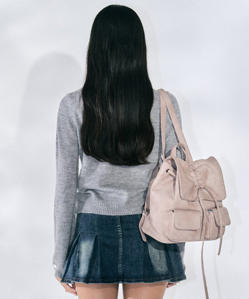 Vegan Leather Shirring Ribbon Backpack [PINK]