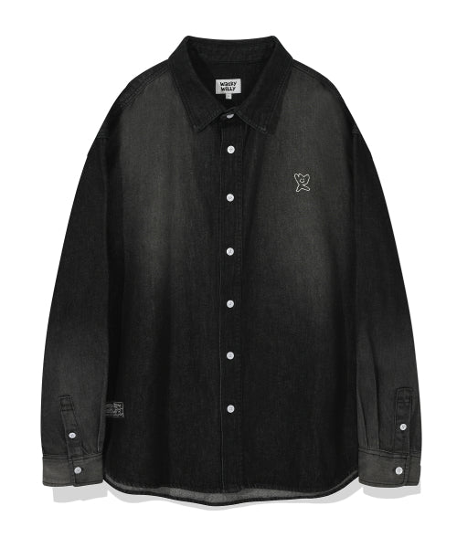 Washed denim long-sleeved shirt black