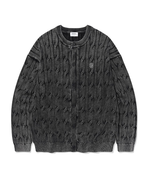 C LOGO CABLE STONE WASHING ROUNDNECK CARDIGAN