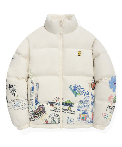 Graphic down puffin short puffer pattern cream