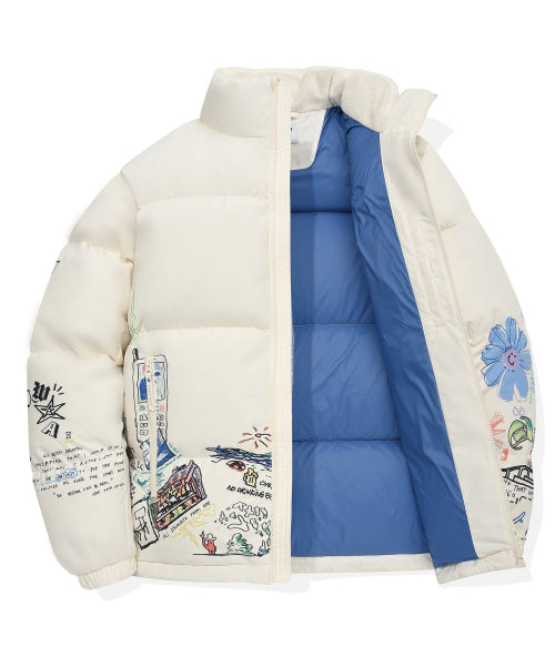 Graphic down puffin short puffer pattern cream