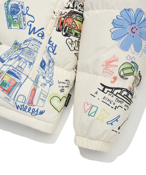 Graphic down puffin short puffer pattern cream