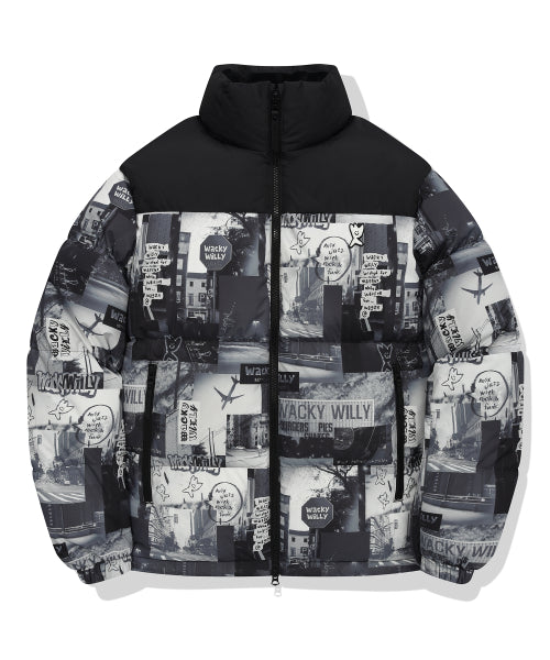 Graphic down puffin short puffer pattern black