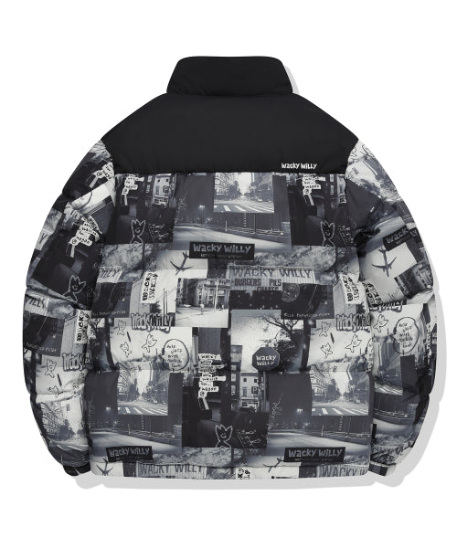 Graphic down puffin short puffer pattern black