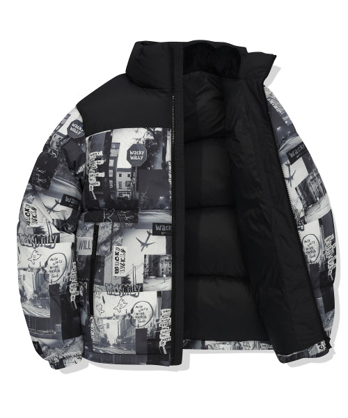 Graphic down puffin short puffer pattern black
