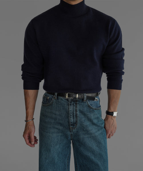 SOFT DOULBE MOCK NECK KNIT [NAVY]