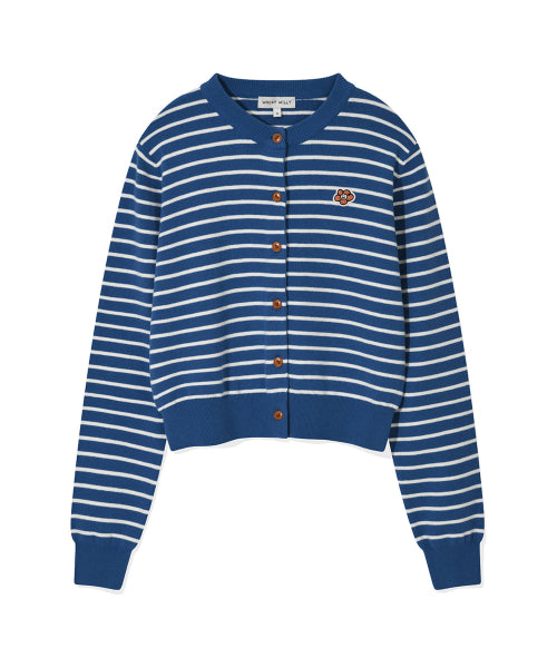 Women's round neck striped cardigan blue