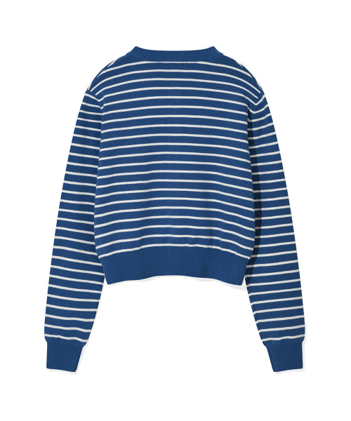 Women's round neck striped cardigan blue