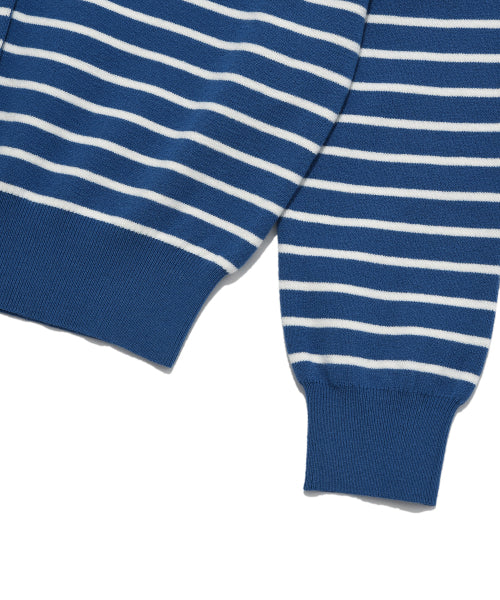 Women's round neck striped cardigan blue