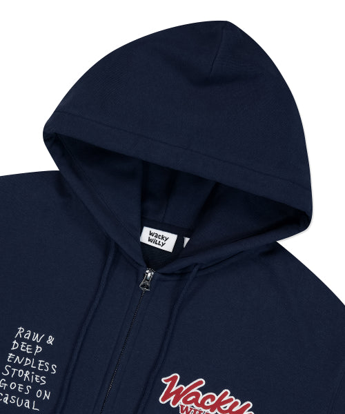 typo applique hooded zip-up navy