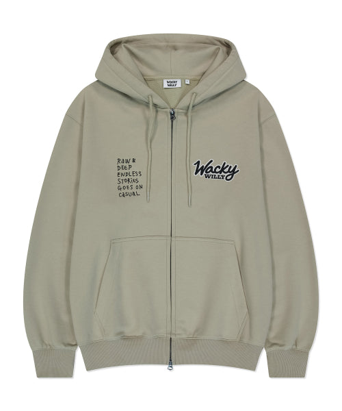 typo applique hooded zip-up beige