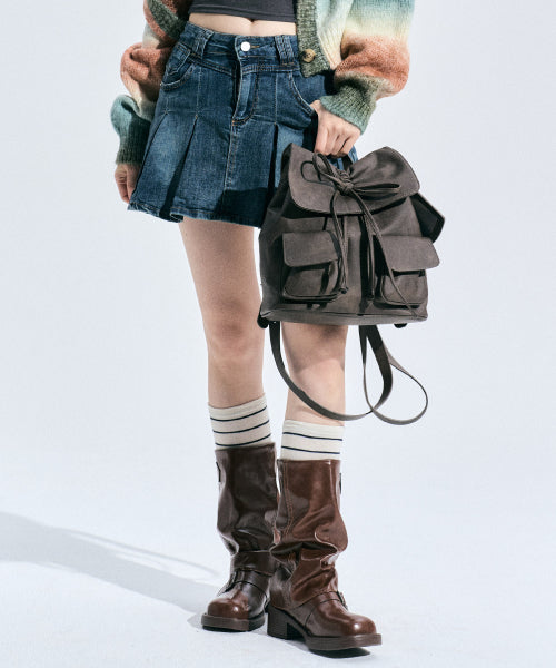 Vegan Leather Shirring Ribbon Backpack [BROWN]