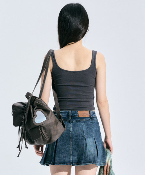 Vegan Leather Shirring Ribbon Backpack [BROWN]