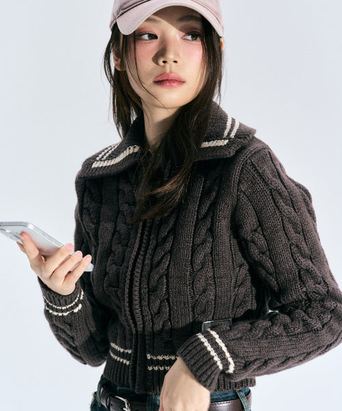 Coty Cable Knit Zip-up [BROWN]