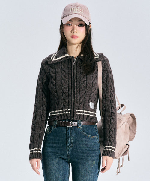 Coty Cable Knit Zip-up [BROWN]