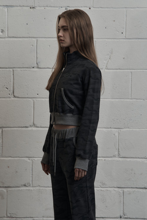 Camo High-Neck Cropped Zip-Up Black