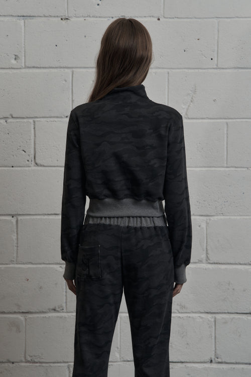 Camo High-Neck Cropped Zip-Up Black