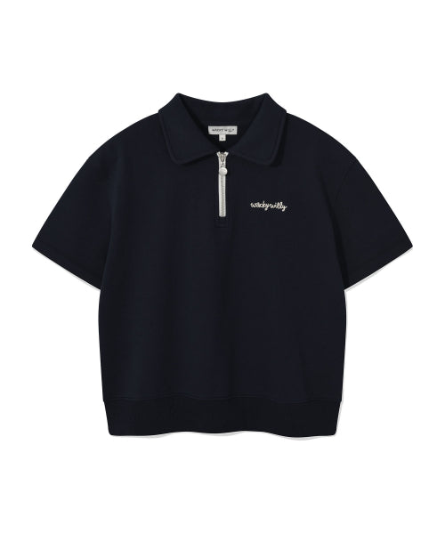 Women's Typography Half Zip-Up Short Sleeve Dark Navy