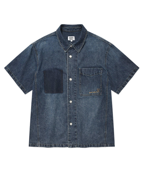 Washing denim short-sleeved shirt sky blue