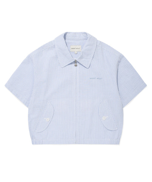 Women's Stripe Short-Sleeved Zip-Up Jumper Sky Blue