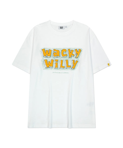 white short-sleeved T-shirt with lettering