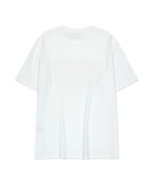 white short-sleeved T-shirt with lettering