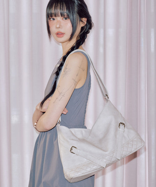 Vegan Leather Buckle Shoulder Bag [IVORY]