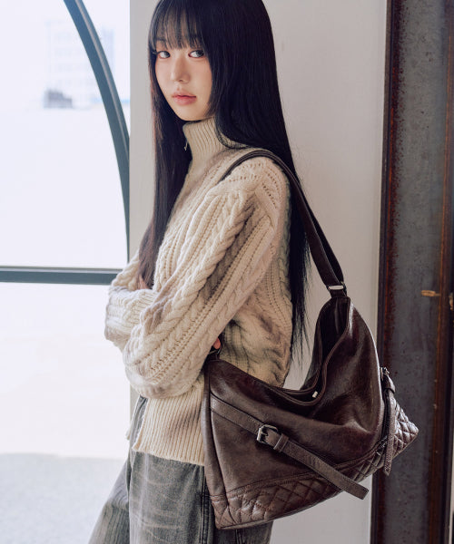Vegan Leather Buckle Shoulder Bag [BROWN]