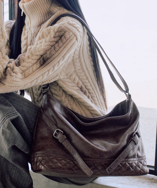 Vegan Leather Buckle Shoulder Bag [BROWN]