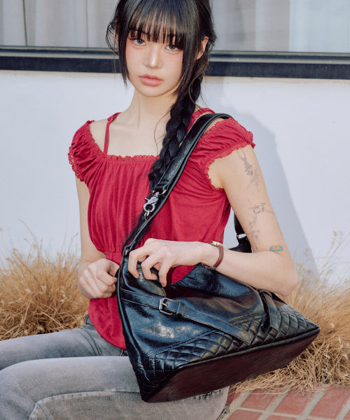 Vegan Leather Buckle Shoulder Bag [BLACK]