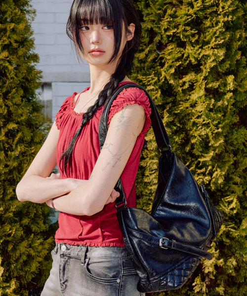 Vegan Leather Buckle Shoulder Bag [BLACK]
