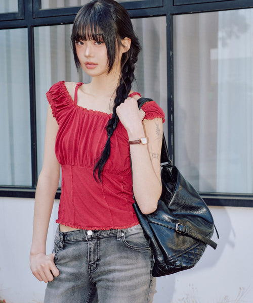 Vegan Leather Buckle Shoulder Bag [BLACK]