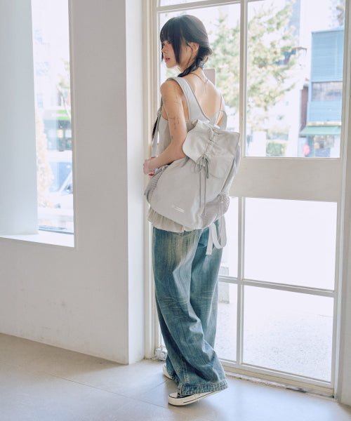 Nylon Shirring Ribbon Backpack [GREY]