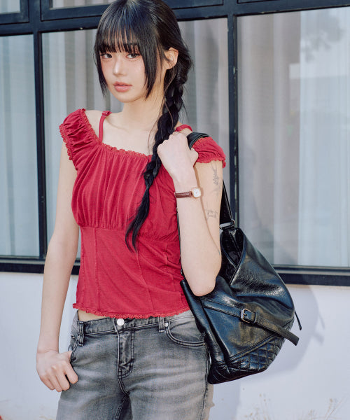 Callie Lace Shirring Top [RED]