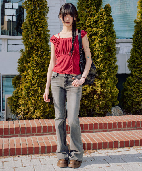 Callie Lace Shirring Top [RED]