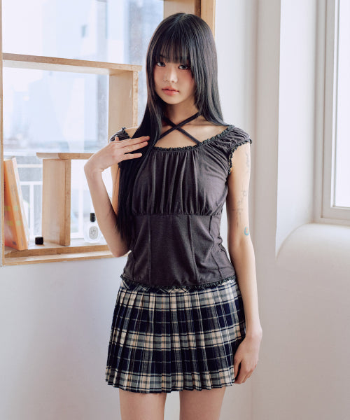 Callie Lace Shirring Top [CHARCOAL]