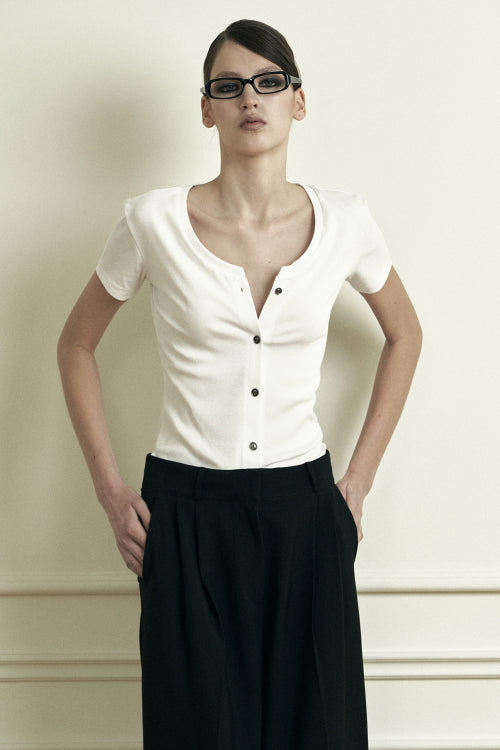 Plain V-neck Short Sleeve Cardigan White