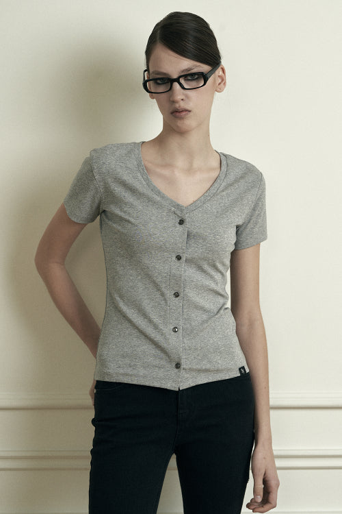 Plain V-neck Short Sleeve Cardigan Melange