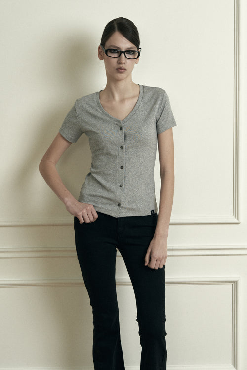 Plain V-neck Short Sleeve Cardigan Melange