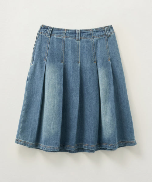 (W) Pleats Denim Midi Skirt Blue