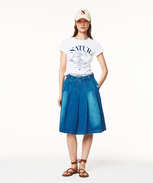 (W) Pleats Denim Midi Skirt Blue