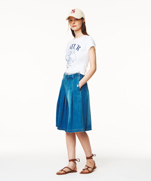(W) Pleats Denim Midi Skirt Blue