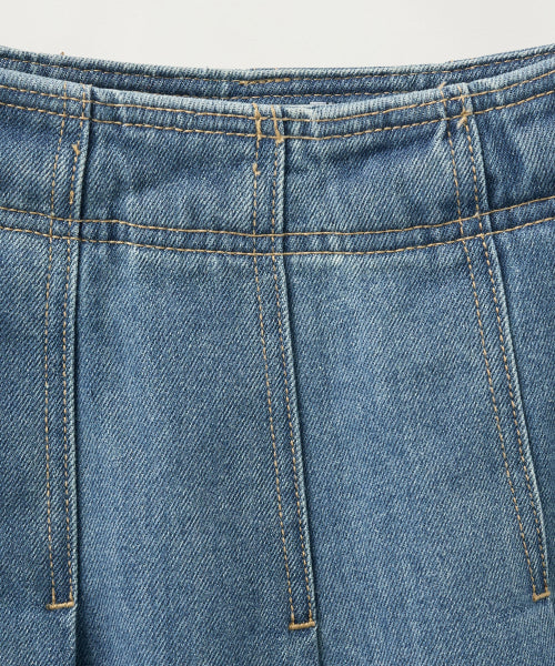 (W) Pleats Denim Midi Skirt Blue